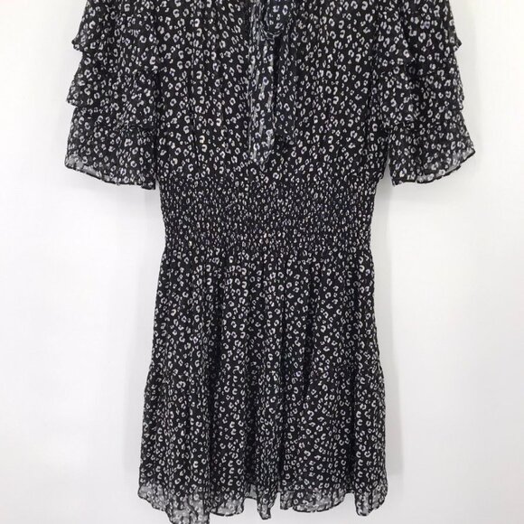 Rebecca Taylor Black  animal print Short Sleeve Dress Ruffle  silk blend size 6 - Picture 11 of 16